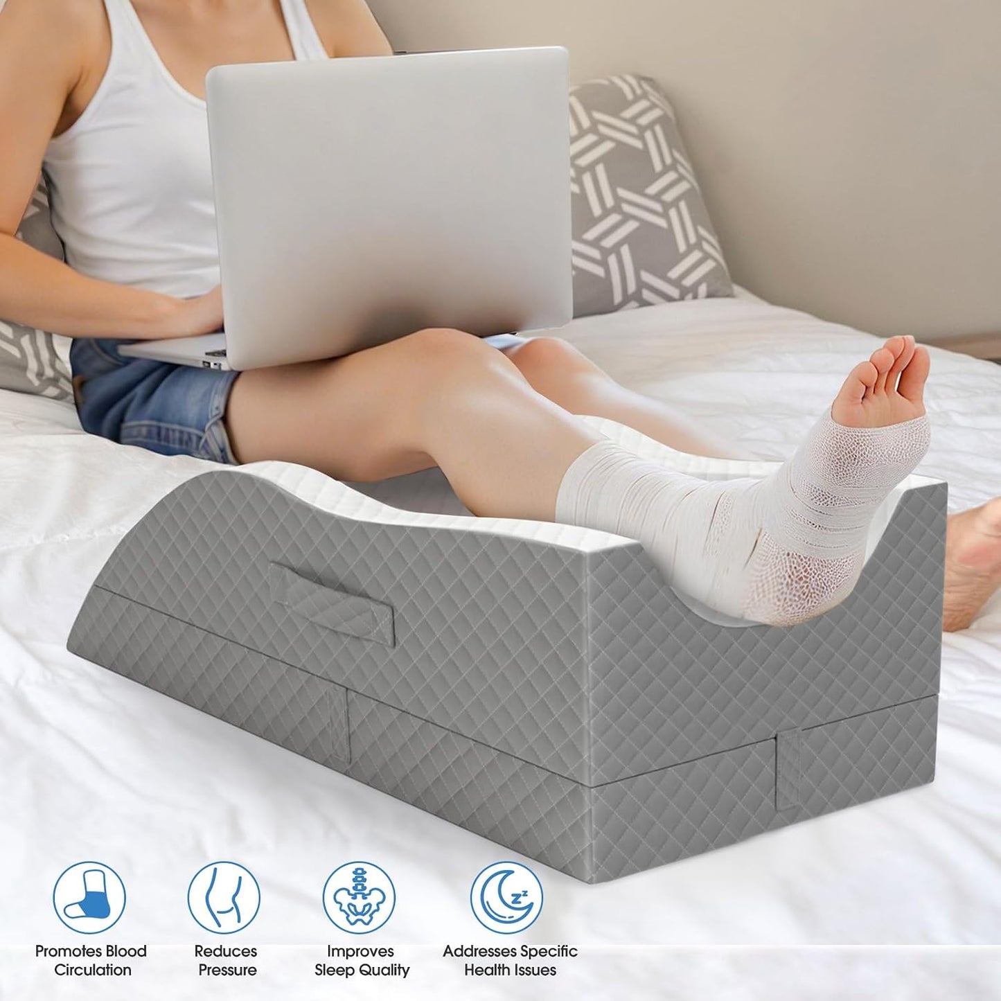 TranquilRelax Leg Elevation Pillows for After Surgery, Wedge Pillow, Grey | Memory Foam, All-around Knee & Ankle Support for Swelling, Height-adjustable, Nop-Slip Bottom, Washable Cover, Single-leg