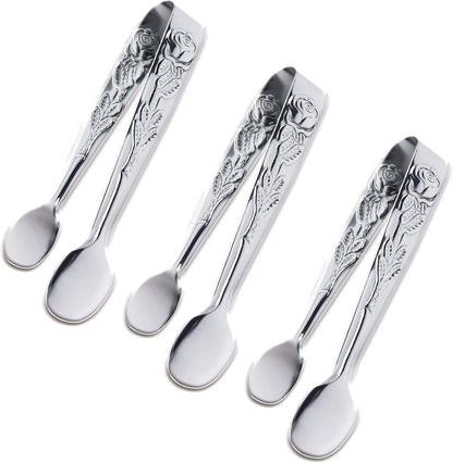 3PCS Mini Serving Tongs, 4Inch Rose Stainless Steel Sugar Cube Tongs, Sliver Small Ice Tong for Tea and Coffee Party, Appetizers, Desserts by Sunenlyst (Silver)