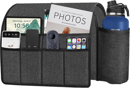 Ntomtuex Sofa Armchair Caddy Remote Control Holder with Water Bottle for Couch Recliner, Armrest Organizer with 7-Pocket Design for Magazines, Eyeglasses, iPad, Phone, Dark Grey