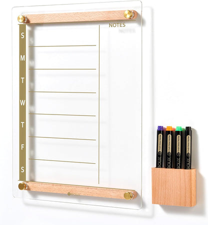 Yeoux Clear Glass Golden Weekly & Menu Dry Erase Calendar Board 15“x11 | Wall Mount, Non-Magnetic, Meal Planning & Grocery Shopping List Whiteboard for Kitchen & Home, 4 Markers
