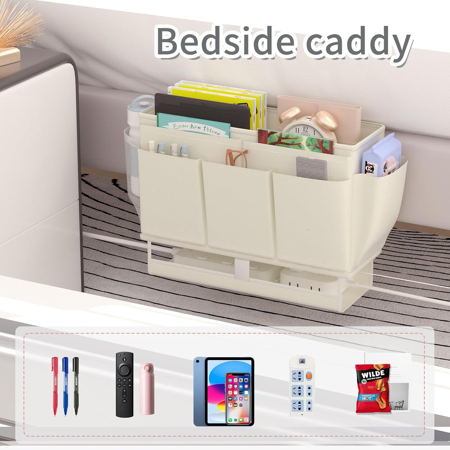 Bedside Caddy Bedside Organizer,Bed Caddy with 11 Pockets and Power Strip Holder,Versatile Bedside Storage Caddy for Home,Dorm,Bunk,Hospital,Crib Bed (Pink)