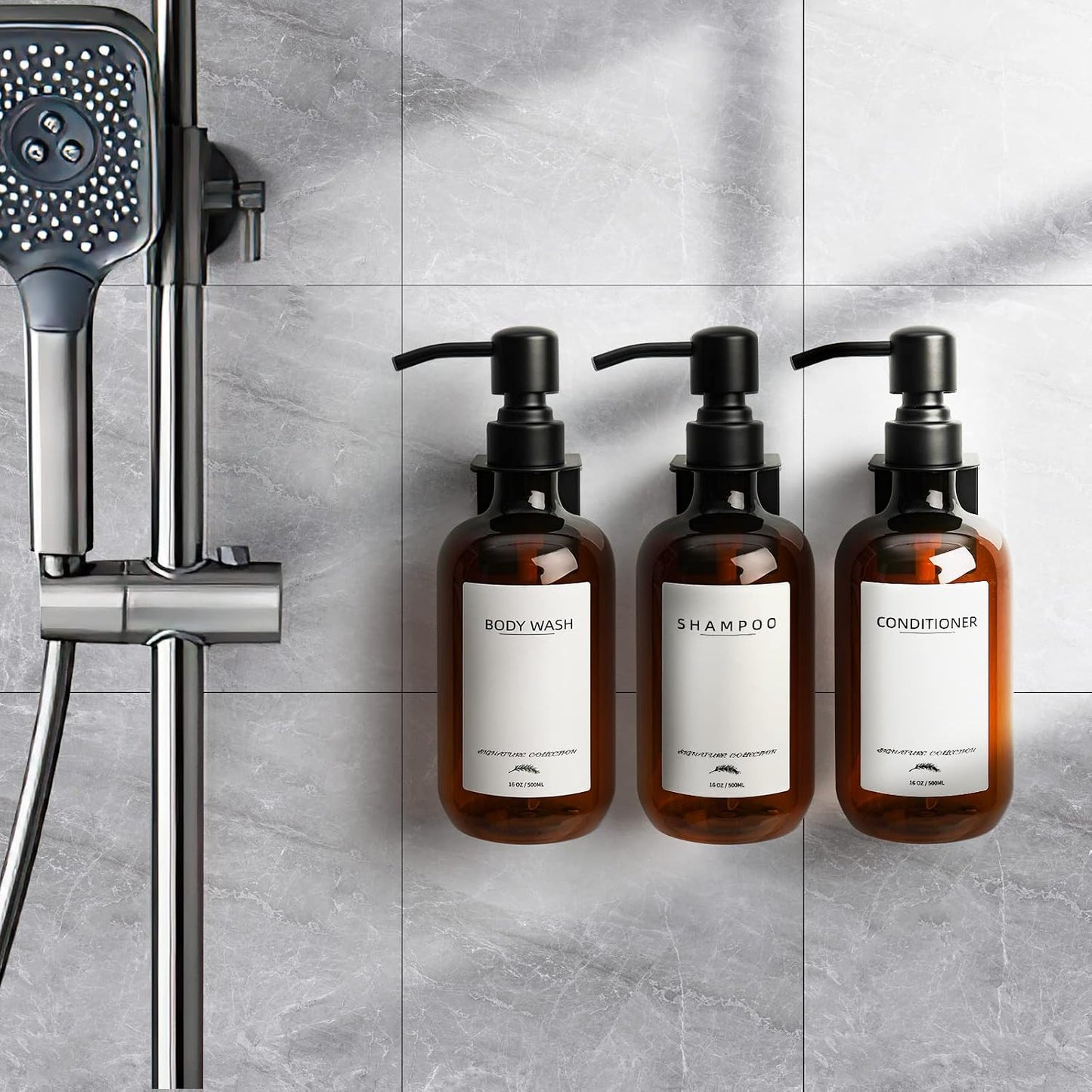 Supforce Shampoo Dispenser for Shower, No Drill Dispenser with Pump & Label | Shampoo and Conditioner Dispenser Wall Mount Set of 3, Pet Bottle Shower Soap Dispenser for Home Bathroom, Amber