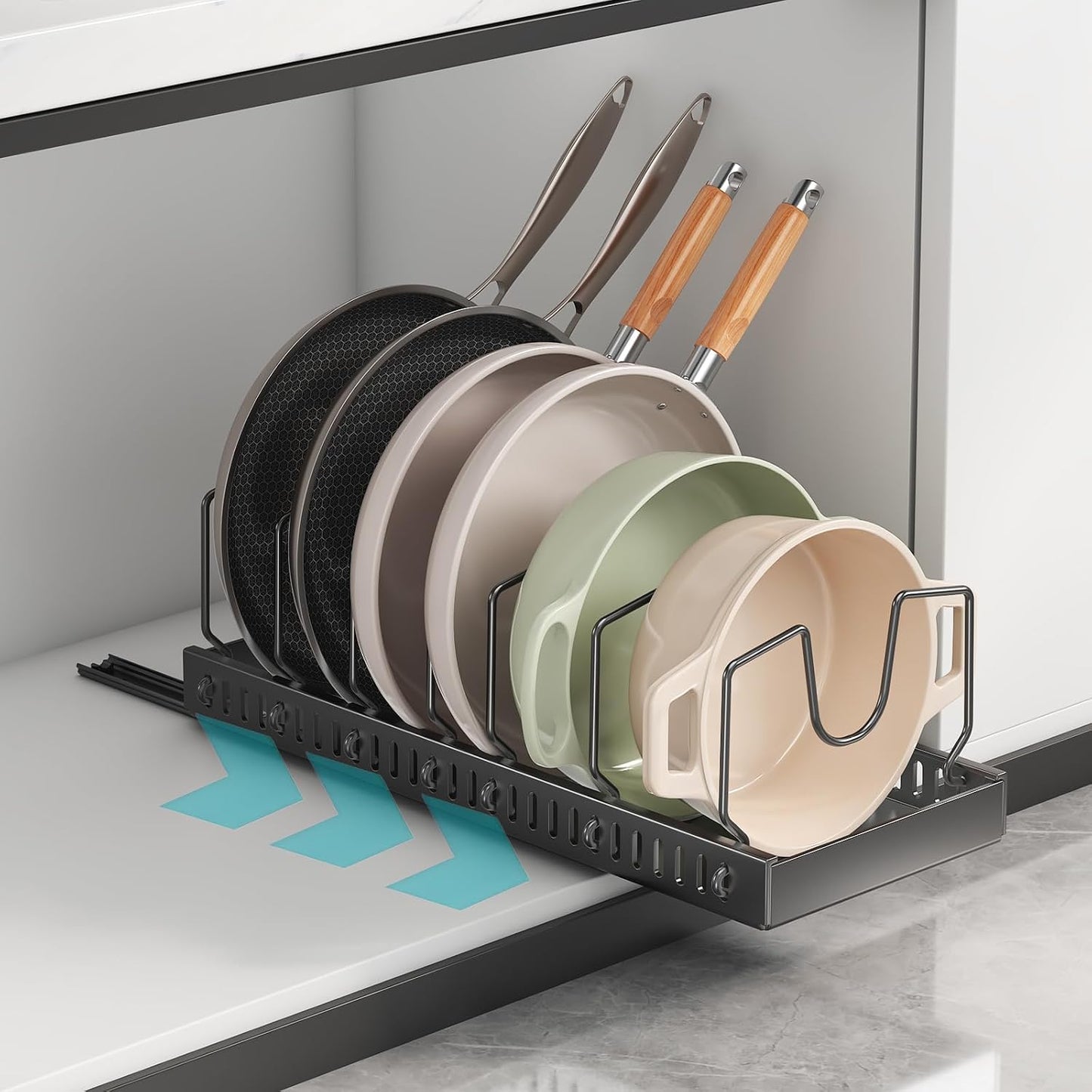 Black 2 Pack Pot Lid Organizer, Pull Out Cabinet Rack, 16 Dividers | 2-pack black carbon steel rack, 16 adjustable dividers, quiet slide rails, adhesive or screw mount for lids, pans, bakeware