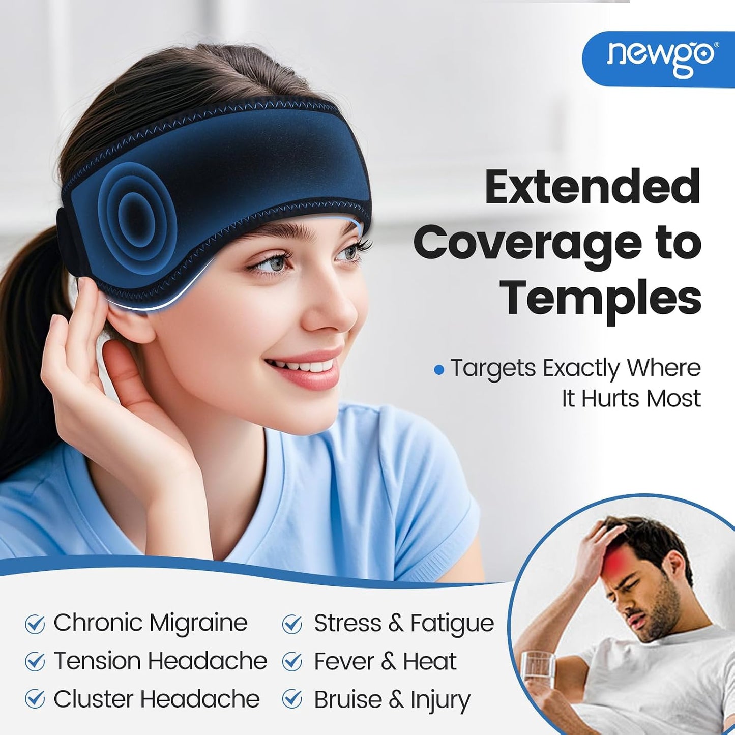 NEWGO Headache Ice Pack Head Wrap for Migraines, FSA Eligible | Reusable Head Ice Wrap, Removable Machine Washable, Soothes Tension Headaches, Sinus Pain, Chemo Discomfort, and Hot Flash