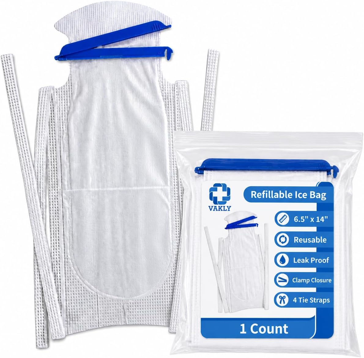 Vakly Large Refillable Ice Bags 6.5 x 14 [Pack of 5] – Reusable Ice Pack with Clamp Closure, Soft Outer Covering & Leak-Resistant Inner Layer for Hospital, Home & Sports Use