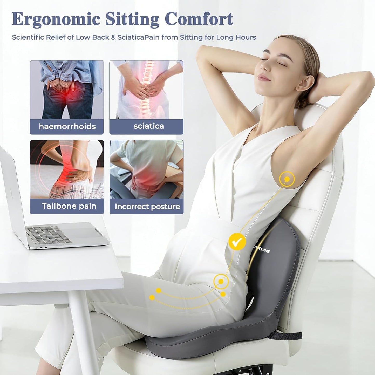 Memory Foam Seat Cushion for Sciatica & Back Pain Relief - Ergonomic Chair Pad with Adjustable Strap & Supportive Comfort Cover, Non-Slip for Car, Truck, Office Chair - Dark Gray&Light Gray