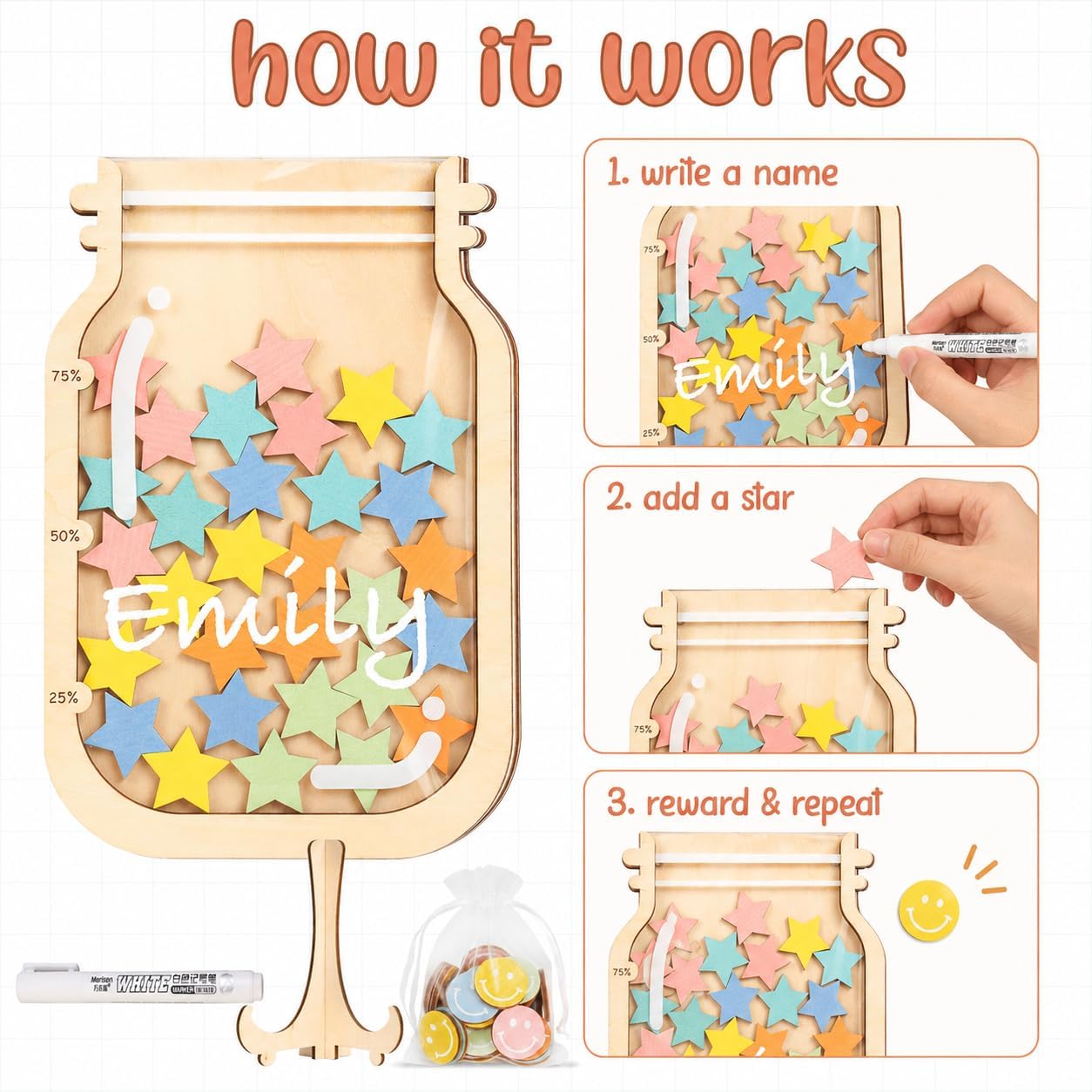 Reward Jar Potty Training Chart, Behavior Chart for Kids Classroom Must | Personalized Wooden And Acrylic Reward Jar For Chores, Home, Fridge, School Teacher Supplies, Includes Marker And Stand