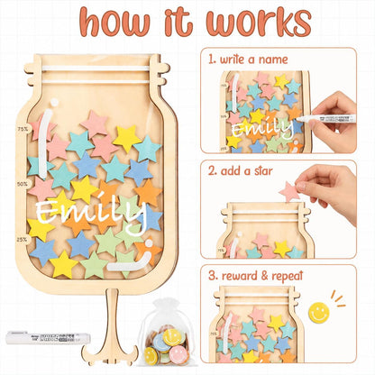 Reward Jar Potty Training Chart, Behavior Chart for Kids Classroom Must | Personalized Wooden And Acrylic Reward Jar For Chores, Home, Fridge, School Teacher Supplies, Includes Marker And Stand