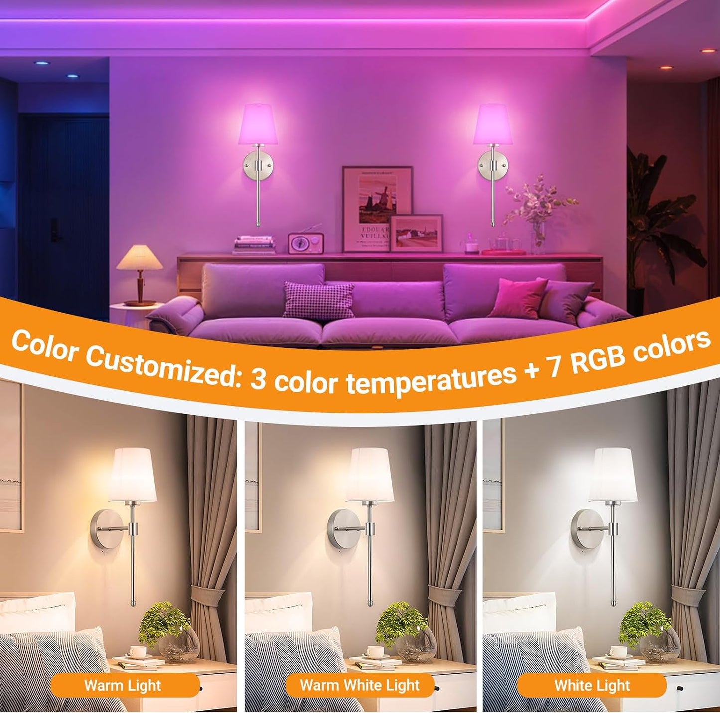 Battery Operated Wall Sconces Set Of Two, Wireless Battery Wall Light With 10000mAh RGB Rechargeable Magnetic Bulb, Rechargeable Wall Sconce With Remote Control For Bedroom, No Electrician Required