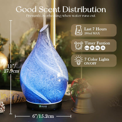 Porseme Essential Oil Diffuser 280ml Handmade Glass Diffuser 7H Runtime | Elegant Handmade Glass Aroma Diffuser with 7-color LEDs, Quiet Aromatherapy and Safe Auto Shut-off, Perfect for Gifts
