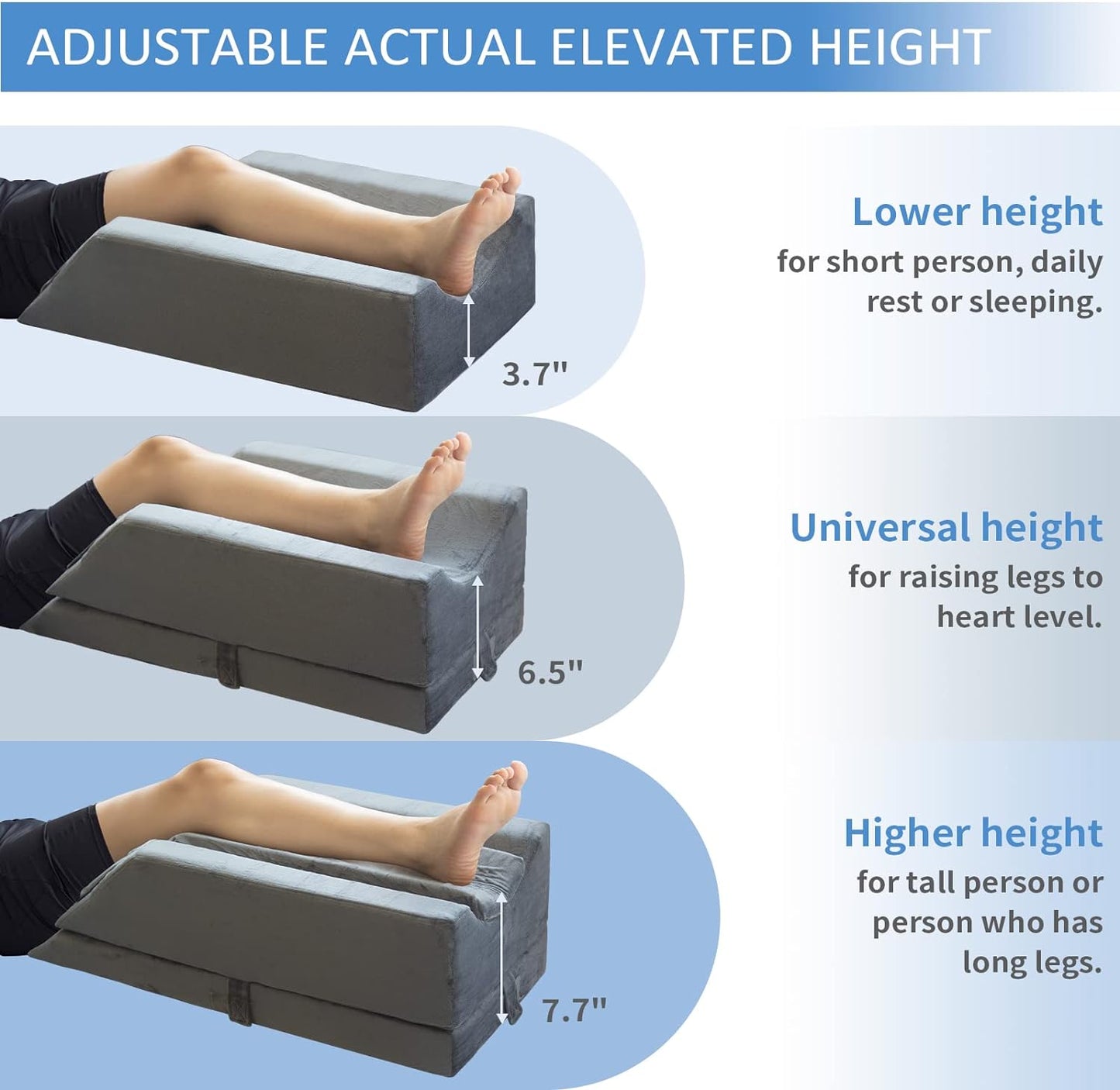 KingPavonini 4-Height Adjustable Leg Elevation Pillows for After Surgery | Soft Yet Supportive Memory Foam, Fits Various Heights, Relieve Pain & Swelling, 4 Handles & Insert Pad, Washable Velvet Cover