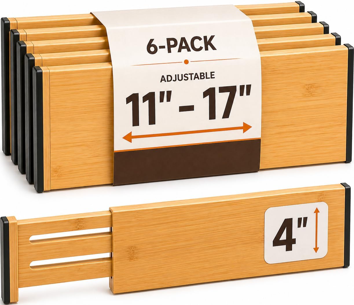 6-Pack Deep Drawer Dividers 4-Inch High Dresser Drawer Organizer, Bamboo | Adjustable 11.5-17 Inch Spring-Loaded Separators for Clothes, Utensils, Socks, Bedroom, Bathroom, Kitchen, Office, No Tools