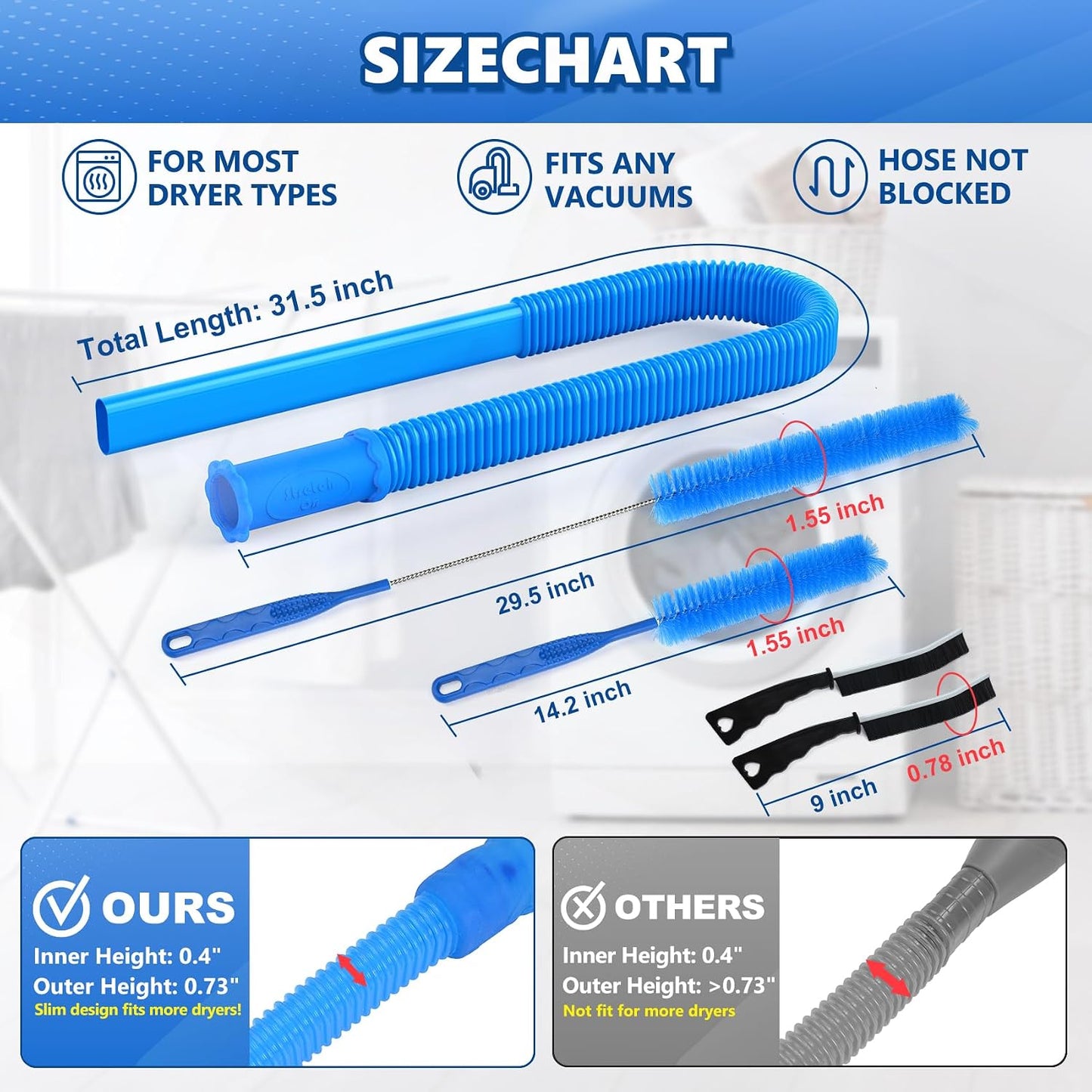 Sealegend 5Pack Dryer Vent Cleaner Kit Vacuum Hose Attachment & Brush Blue | Whistle-Free Hose | Universal Connector Fits Most Vacuums | 4 Brushes for Dryer Vents, Refrigerator Coils, Drains & Sinks