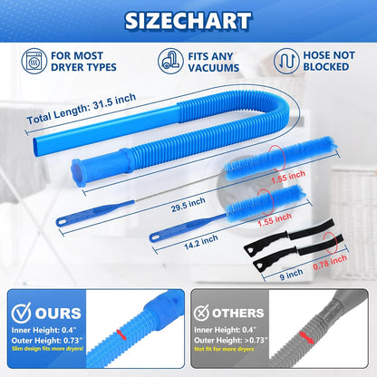 Sealegend 5Pack Dryer Vent Cleaner Kit Vacuum Hose Attachment & Brush Blue | Whistle-Free Hose | Universal Connector Fits Most Vacuums | 4 Brushes for Dryer Vents, Refrigerator Coils, Drains & Sinks