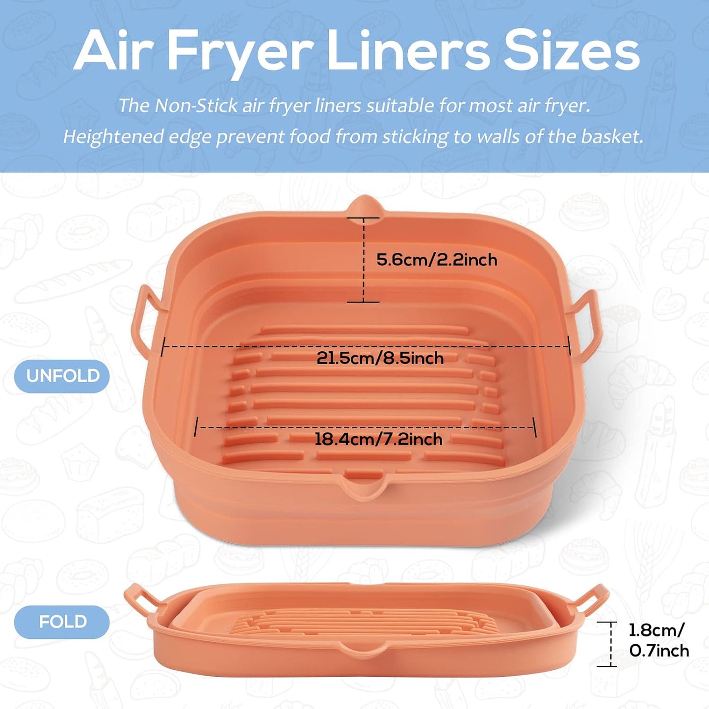 Silicone Air Fryer Liners Square - Reusable Airfryer Collapsible Basket - Easy to Clean Air Fryers Pot for 5.8 to 8 Qt Baking Tray Oven Accessories, 8.5 Inch Large
