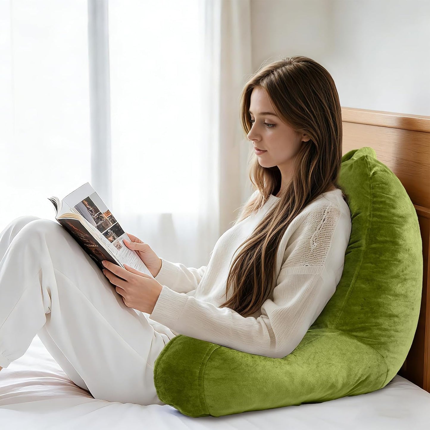 OAISZ Reading Pillow for Sitting in Bed with Shredded Memory Foam, Grey | 19-Inch Back Pillow for Sitting Up in Bed, Extended Arms, Side Pockets, Supportive Adjustable Pillow Removable Washable Cover