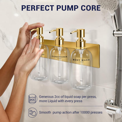 Shampoo Conditioner Body Wash Dispenser Bonus Soap Dish and Hook, Clear | 17 fl oz Set of 3 Clear Plastic Bottles with Black Pumps, Drill Free Adhesive Bathroom Organizer, Dorm Room Essentials