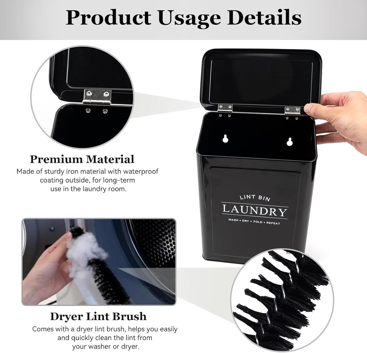 Magnetic Lint Bin with Lint Brush for Laundry Room Decor Farmhouse Rustic Metal Wall Mounted Lint Box Holder Keeper Organization Lint Trash Can with lid for Dryer