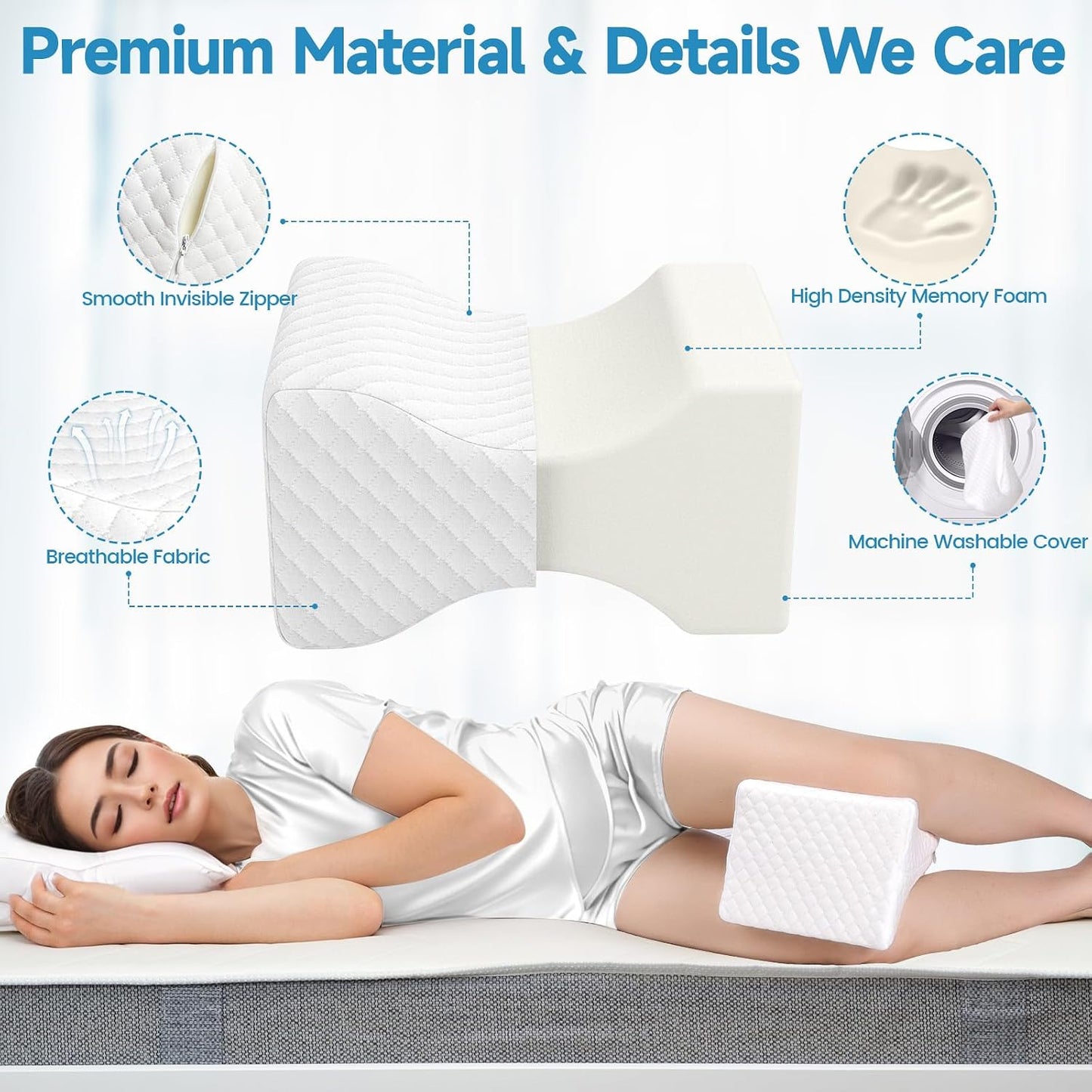 TranquilRelax Knee Pillow for Side Sleepers, Leg Pillow for Side Sleeping | Smooth Pillow for Spine Aligning, Comfortable Memory Foam Pillow for Hip, Back, Sciatica, Knee, Joints Pain (White)