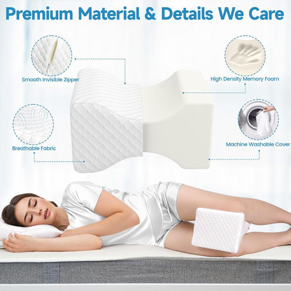 TranquilRelax Knee Pillow for Side Sleepers, Leg Pillow for Side Sleeping | Smooth Pillow for Spine Aligning, Comfortable Memory Foam Pillow for Hip, Back, Sciatica, Knee, Joints Pain (White)