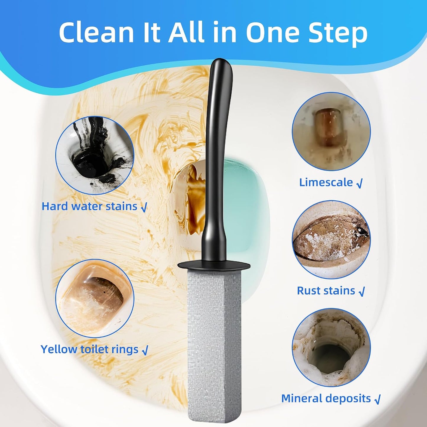 Toilet Brush and Holder Set with Pumice Stone Toilet Bowl Cleaner | Long-handle Scrubber with Ventilated Holder and Pumice Stone for Hard Water Stains, Limescale and Toilet Rings