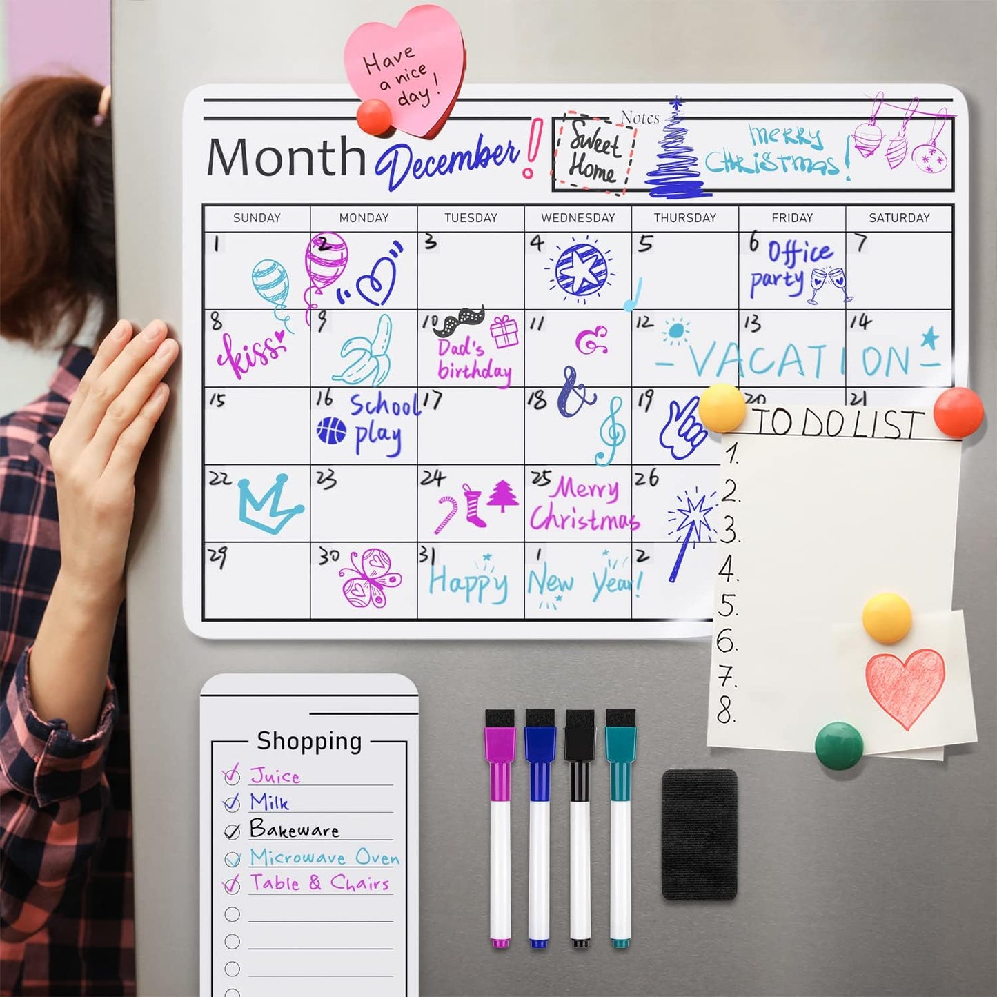 Amazon Basics Magnetic Dry Erase Whiteboard Calendar for Fridge, Easy to Clean, Schedule Organizer, 12" x 17", Includes 4 Markers and Eraser