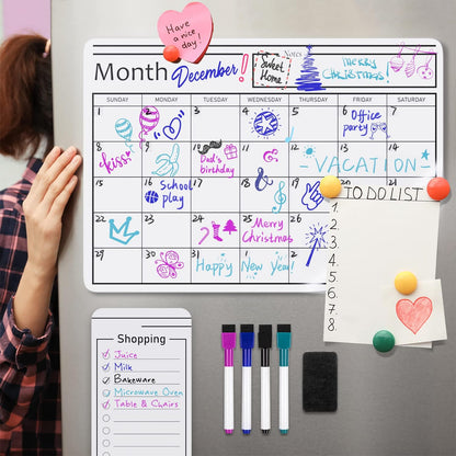 Amazon Basics Magnetic Dry Erase Whiteboard Calendar for Fridge, Easy to Clean, Schedule Organizer, 12" x 17", Includes 4 Markers and Eraser