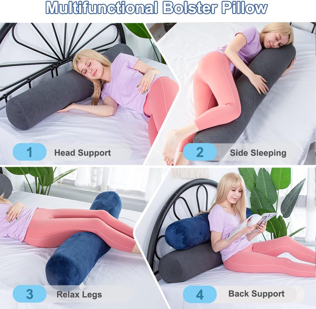 1 MIDDLE ONE Body Pillow for Adults, Bolster Pillow with Removable Velvet Cover, Long Round Cervical Roll Pillow, 35 x 7.87 Inches, Blue