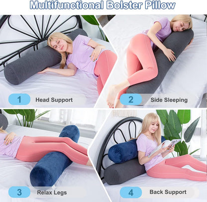 1 MIDDLE ONE Body Pillow for Adults, Bolster Pillow with Removable Velvet Cover, Long Round Cervical Roll Pillow, 35 x 7.87 Inches, Blue