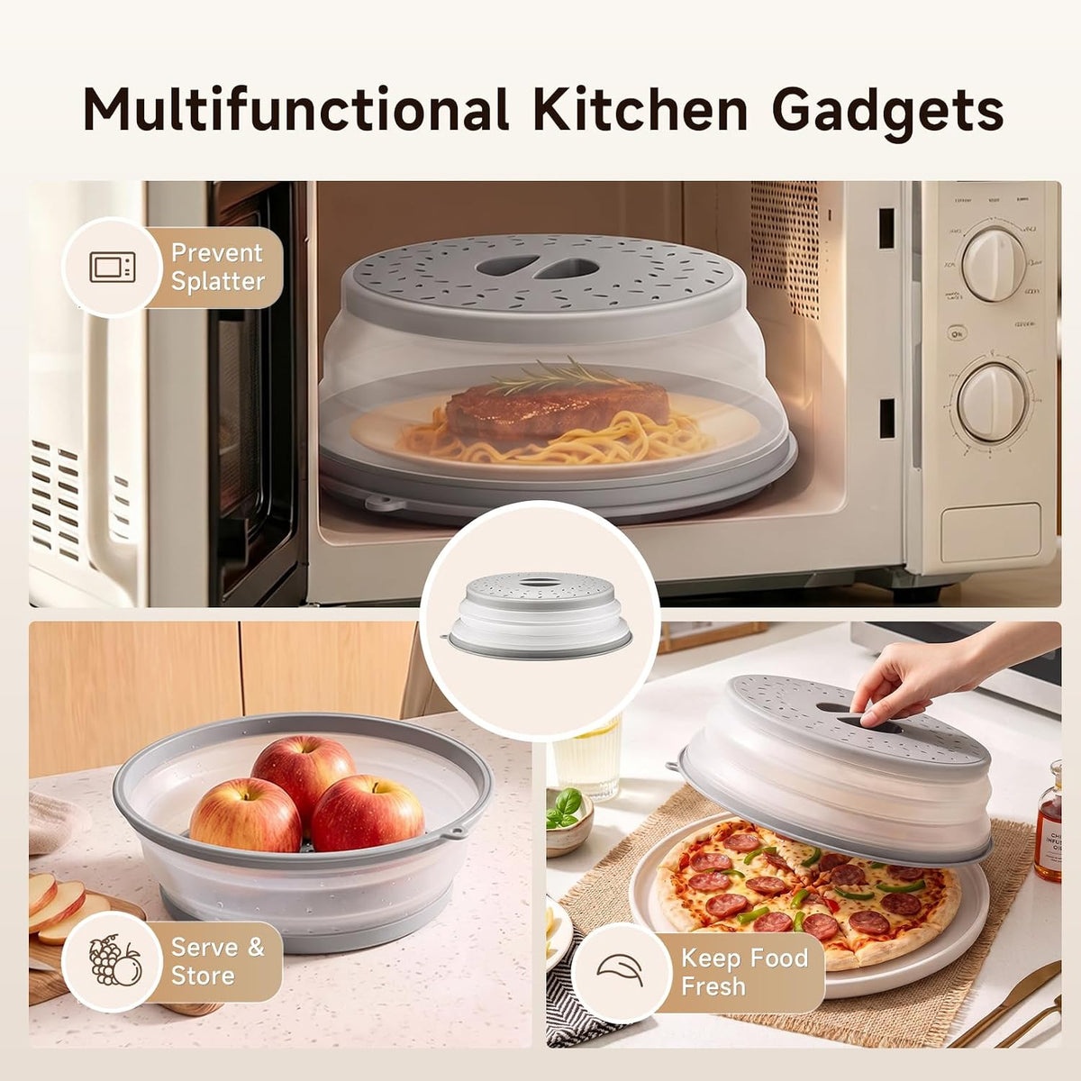 Microwave Splatter Cover for Food with Anti-scald Base Plate, Grey