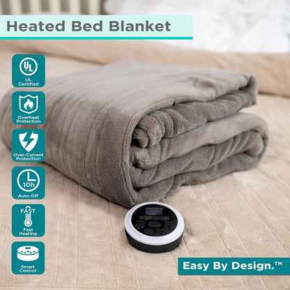 Black+Decker Heated Blanket Electric Throw, Fleece Electric Blanket, Heating Blanket with 4 Heating Levels, 3H Timer, Auto Shutoff, Fast Heating (50x60 inches, Grey)