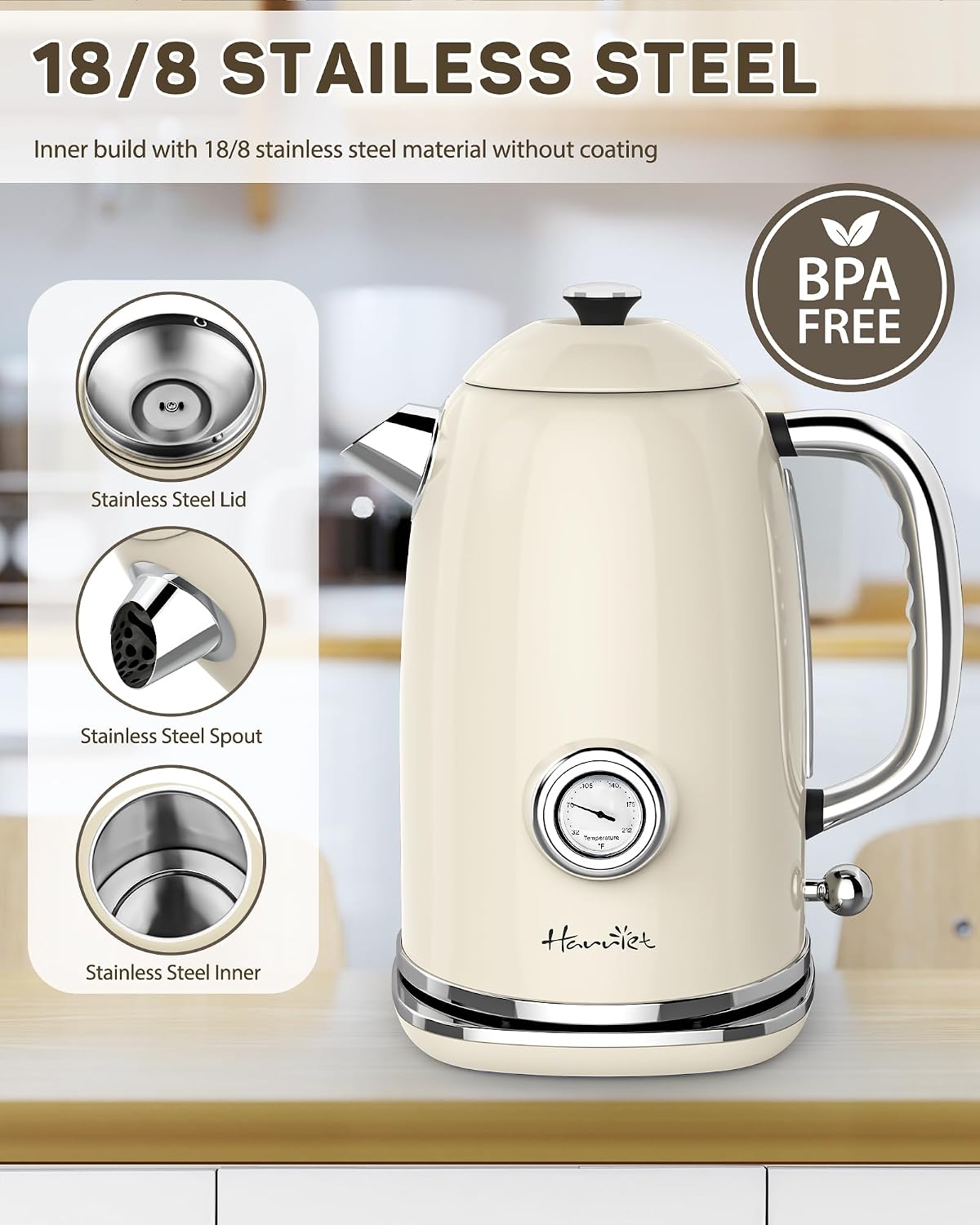 Harriet Electric Kettle, 1.8L Retro Electric Tea Kettle with Thermometer, 1500W Stainless Steel Hot Water Kettle Electric with LED Indicator, Fast Boiling, Cordless, Auto Shut-Off, Yellow