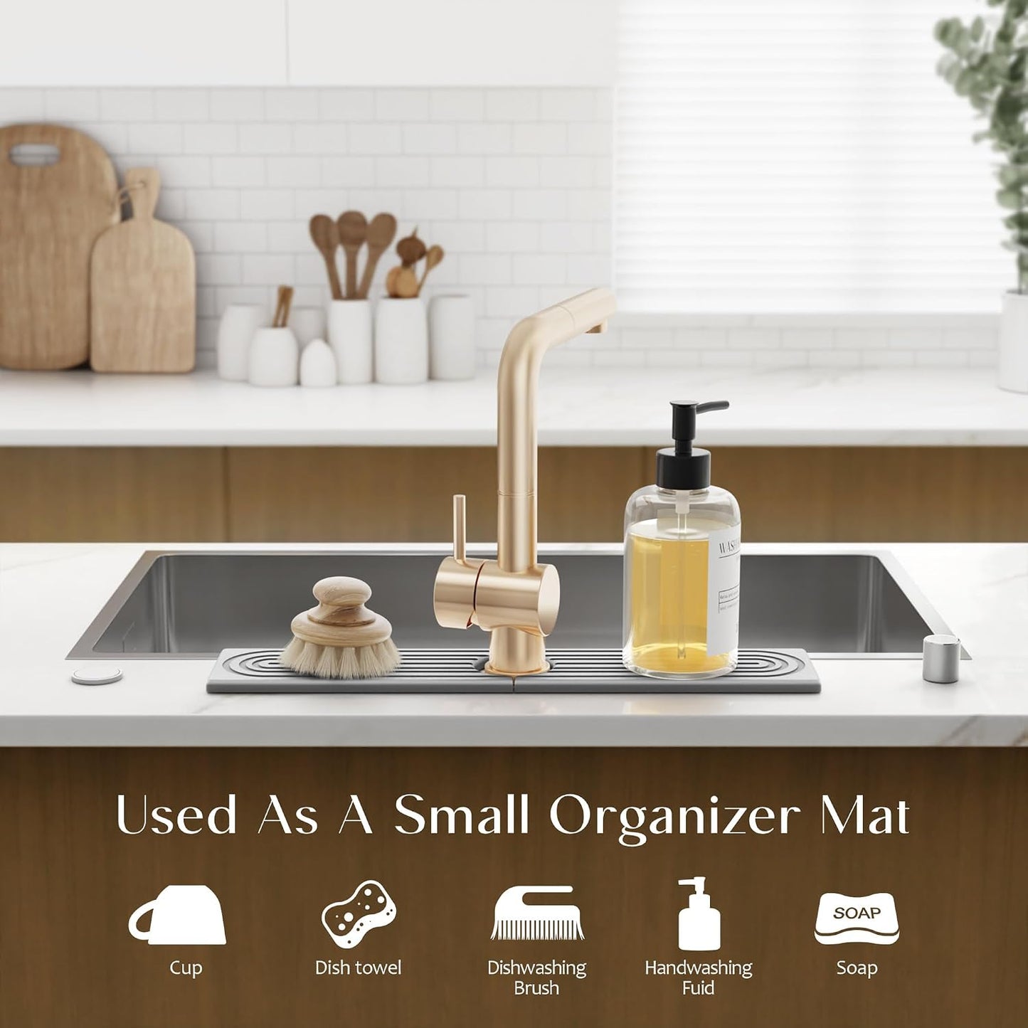 Stone Faucet Mat for Kitchen Sink – Diatomite Drying Stone Mat & Sink Protector, Prevents Moisture – Sink Splash Guard Water-Absorbing Stone Tray for Bathroom Counter (Light Grey, 20" x 3.9")