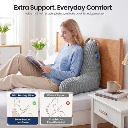 Reading Pillow for Sitting up in Bed, Adjustable Memory Foam Bed Rest Pillow, Wide-wale Plush Cover Machine Washable, Neck Back and Lumbar Support Pillow-Grey