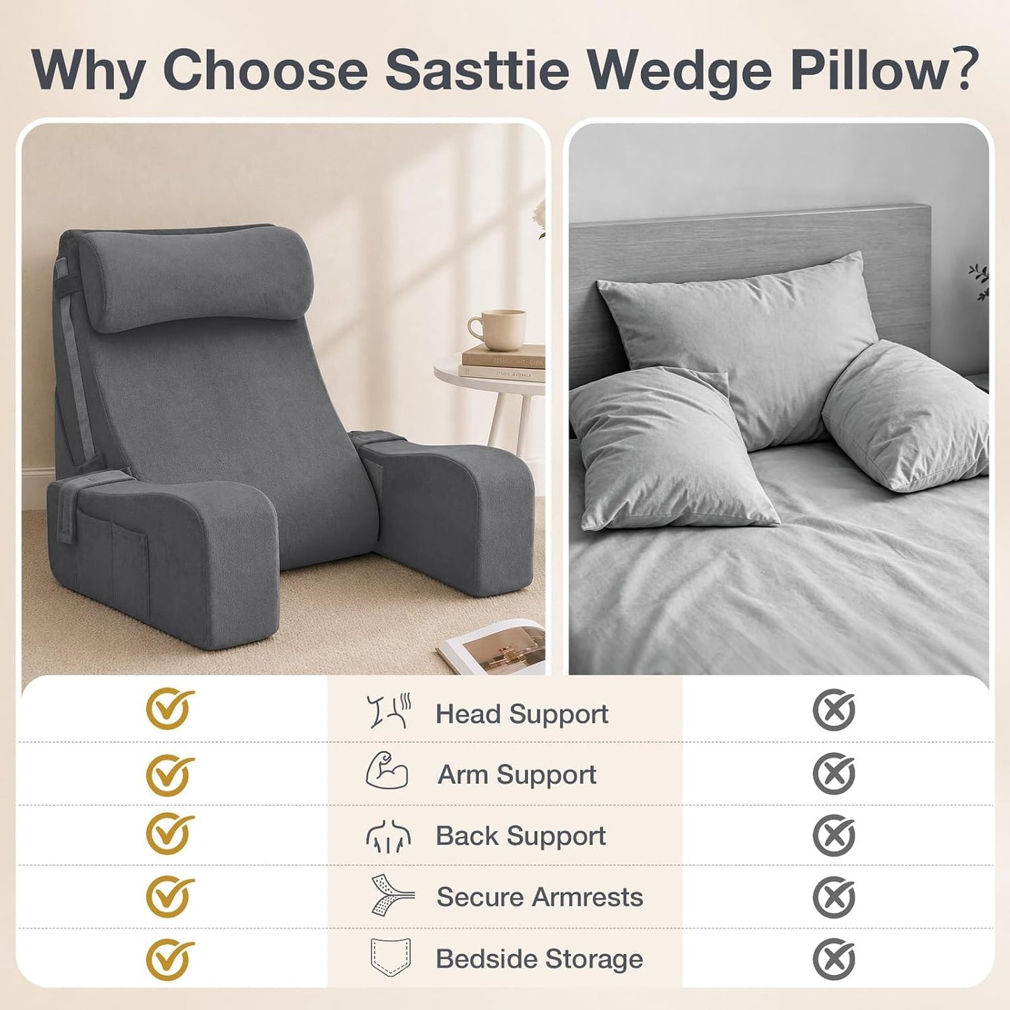 Sasttie 15-25 inch Adjustable Reading Pillow with Armrests, Dark Grey | Back Rest Pillow with Secure Side Straps, Memory Foam Back Support Cushion Bed Chair for Reading, Gaming & Relaxing