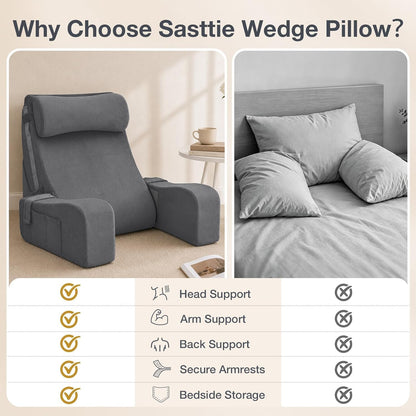 Sasttie 15-25 inch Adjustable Reading Pillow with Armrests, Dark Grey | Back Rest Pillow with Secure Side Straps, Memory Foam Back Support Cushion Bed Chair for Reading, Gaming & Relaxing