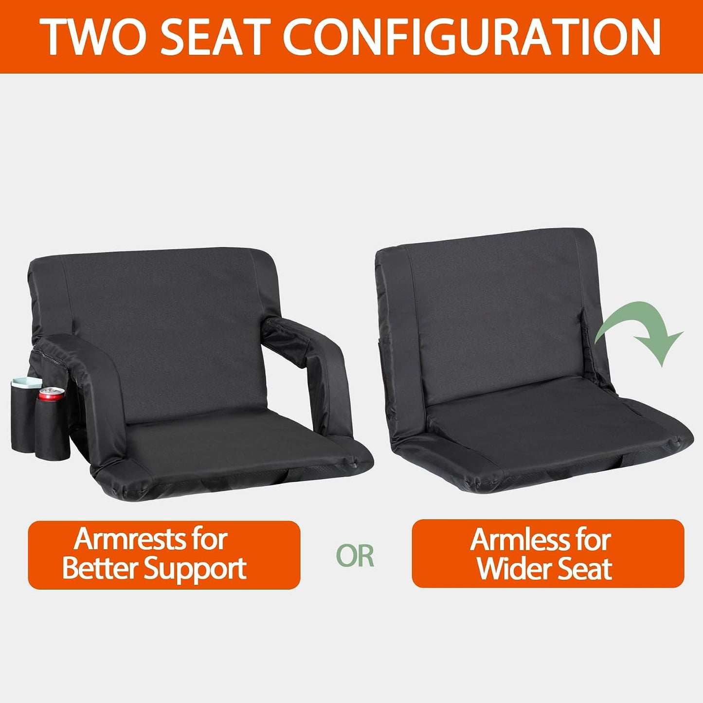 LEMY 20.5"/ 25" Wide Adjustable Stadium Seat for Bleachers Portable Water Resistant Stadium Chair with Back/Arms/Cushion for Outdoor or Indoor
