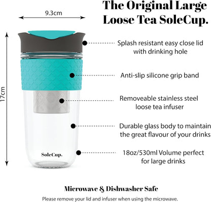 Large Travel Mug Loose Tea Infuser - Detachable Tea Strainer with Spill Proof Lid - 18oz/530ml BPA-Free Reusable Glass Travel Coffee Cup with Silicone Band (Ice Cream, 18oz)