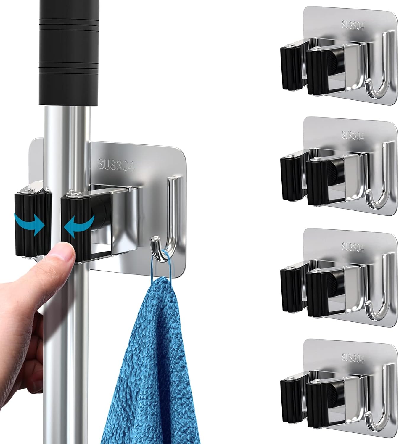 homeasy Broom Holder Wall Mount 4Pcs, Self Adhesive Mop Broom Hanger Black | Self adhesive stainless steel broom organizer with 4 hooks, holds mops, brooms and garden tools without drilling