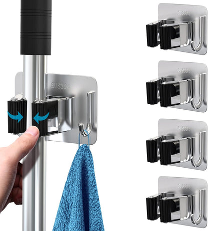 homeasy Broom Holder Wall Mount 4Pcs, Self Adhesive Mop Broom Hanger Black | Self adhesive stainless steel broom organizer with 4 hooks, holds mops, brooms and garden tools without drilling