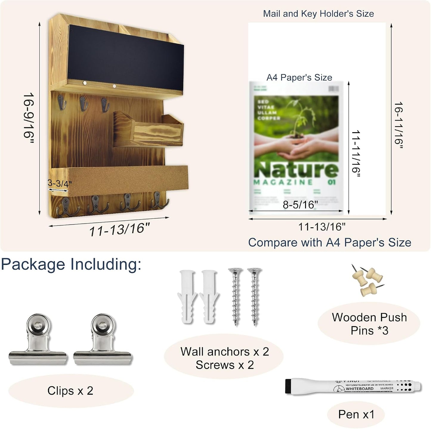 Key Holder for Wall Mount with Shelf and Mail Organizer, Key and Mail Holder with 16 Hooks, Farmhouse Entryway Organizer, Home Decor Rack (Pine Wood, White Washed)