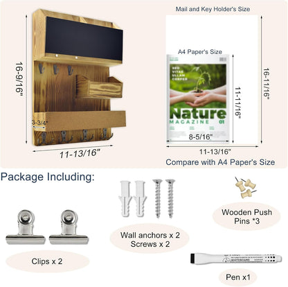 Key Holder for Wall Mount with Shelf and Mail Organizer, Key and Mail Holder with 16 Hooks, Farmhouse Entryway Organizer, Home Decor Rack (Pine Wood, White Washed)