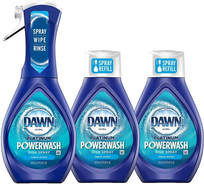 Dawn Powerwash Spray, Dish Soap, Dishwashing Liquid, Fresh, 1 Starter Kit + 3 Refills, 4x16 Fl Oz