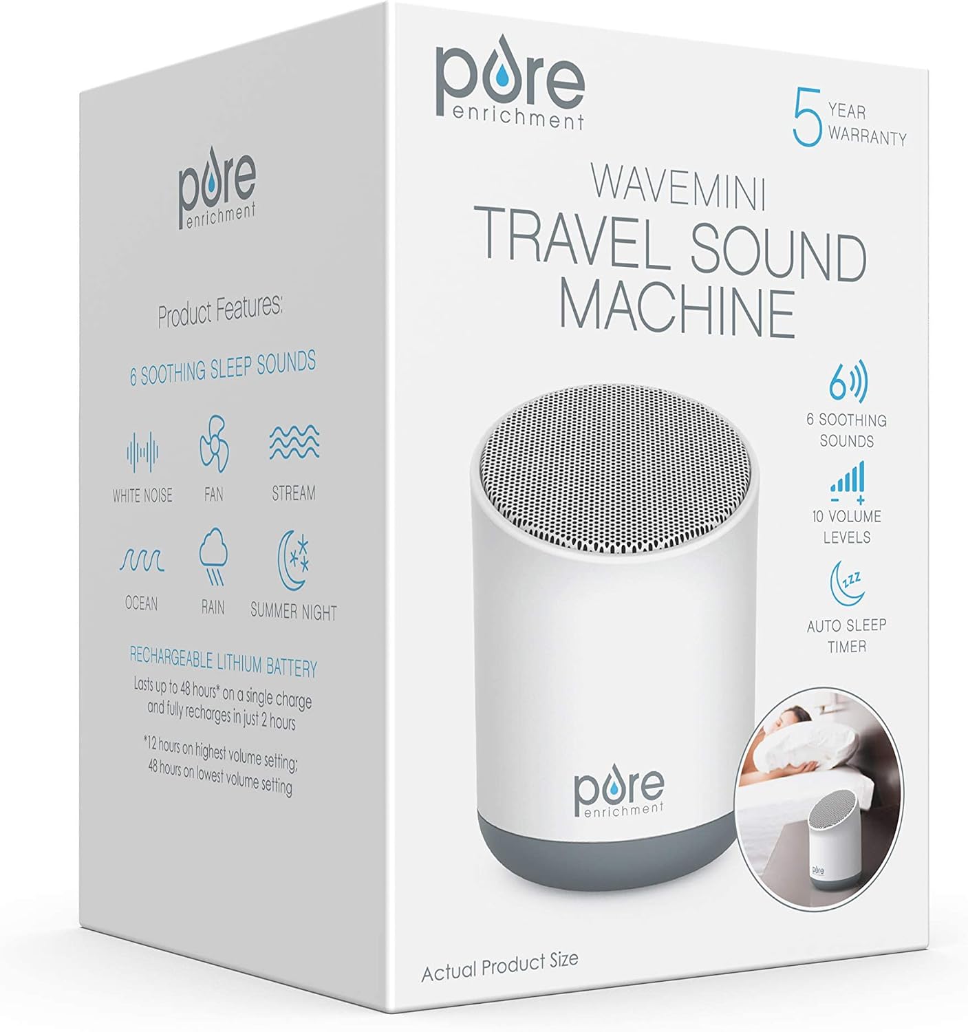 Pure Enrichment Wave Mini Travel Sound Machine - 6 Soothing Sounds Including White Noise, Seamless Loop Audio, Rechargeable Battery, 48 Hour Run Time, Optional Timer, and Storage Bag