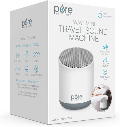 Pure Enrichment Wave Mini Travel Sound Machine - 6 Soothing Sounds Including White Noise, Seamless Loop Audio, Rechargeable Battery, 48 Hour Run Time, Optional Timer, and Storage Bag