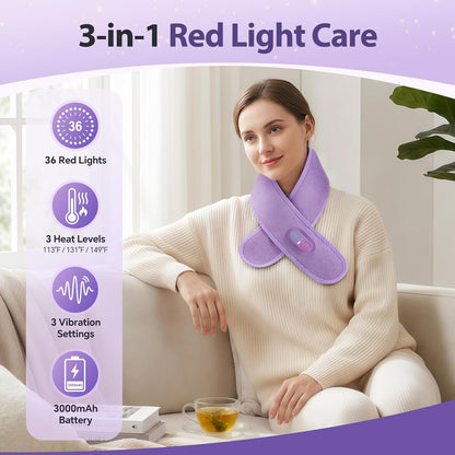 Cordless Neck Heating Pad for Pain, Neck Massager with 660nm 850nm Red Light, Heated Neck Wrap with 3000mAh Rechargeable, 3 Levels Heat & Massage, Black