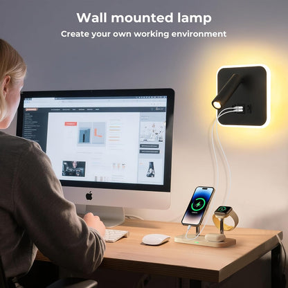 Wall Sconce Plug in with Wall Mounted Reading Lights,Modern Wall Lamp for Bedroom with Charging Station USB C+A Ports,Headboard Bedside Lamps with 3W+9W Night Light,3 Color Temperature