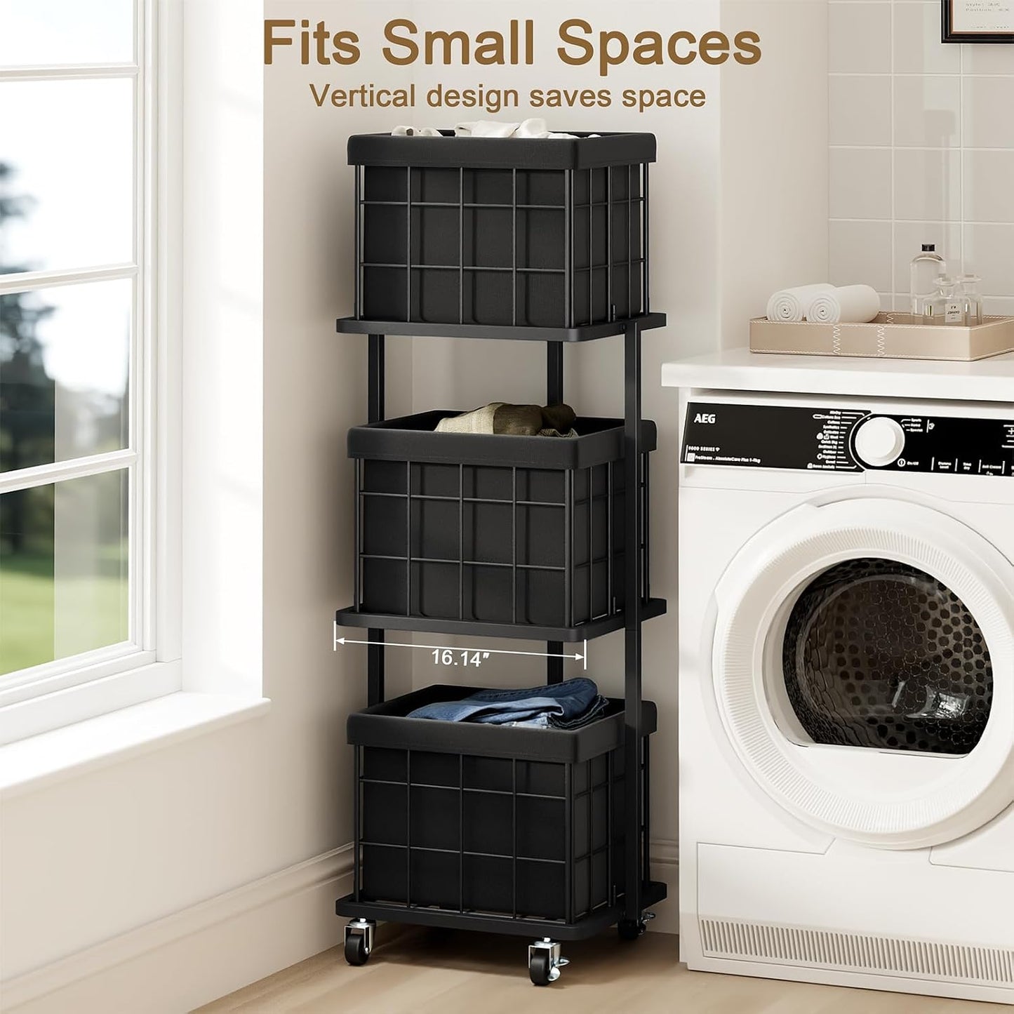 120L Vertical Laundry Sorter,3 Tier Metal Rolling Laundry Basket | Slim Tall Laundry Hamper 3 Section with wheels and 3 Removable Bags for Small Spaces, Dorm, Bathroom, Laundry Room, White
