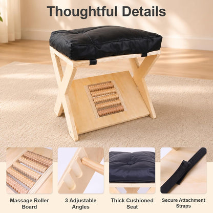 Double Step Footrest, Adjustable Wooden Foot Stool Under Desk with Massage Roller Footboard and Cushioned Top, Under Desk Footrest for Home Office