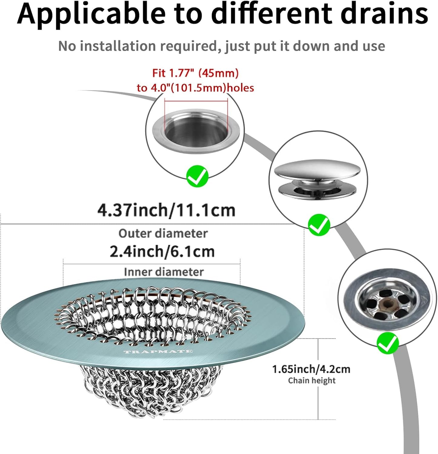 TRAPMATE Shower Drain Hair Catcher, 4.4" Anti-Clogging Bathtub Drain Cover | Easy Flip Cleaning, Traps Hair with Fast Drainage, Anti-Slip Drain Protector Fits Regular & Pop-up Drains (Patented Product)